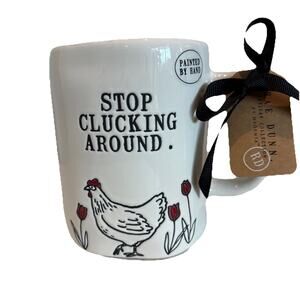 Rae Dunn Chicken "Stop Clucking Around" Coffee Mug Farmhouse Farm Chickens NEW